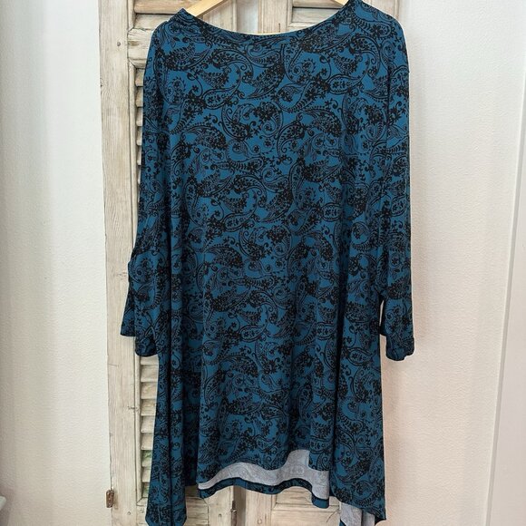Woman Within PLUS 5X (38 / 40) Teal Pasiley Stretch 3/4 Sleeve Soft Blouse Top - Picture 4 of 5